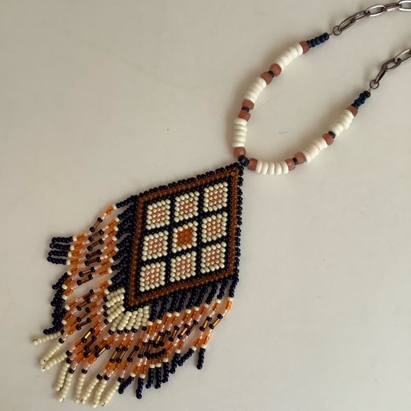 Sunstone and bone bead tribal pendant necklace in cream, royal blue - Picture 1 of 7